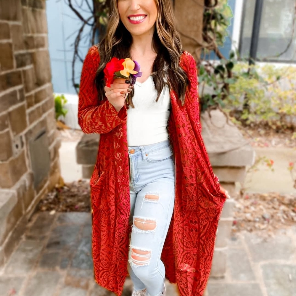 Mabel Mesh & Velvet Duster - Red